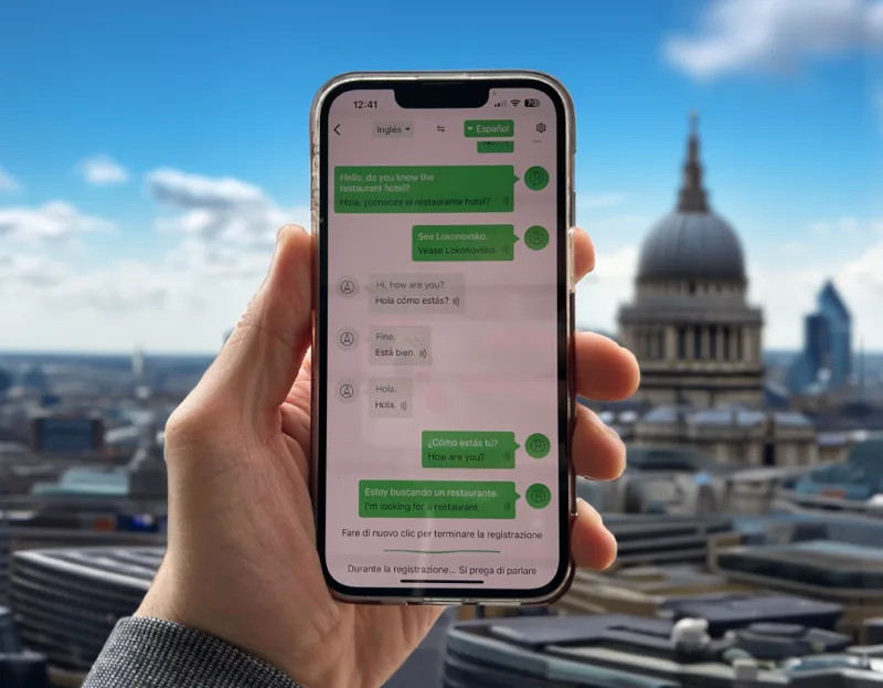 Smartphone met de Talkbuds-app en een live vertaald gesprek als chat