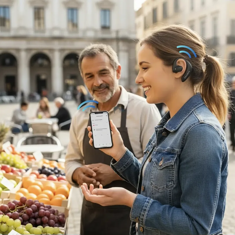 Reiziger met Talkbuds in gesprek met een fruitverkoper op een markt terwijl de app vertaalt