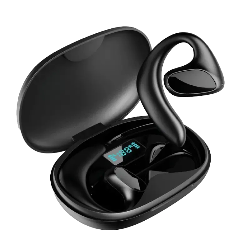 Qinux Talkbuds vertaal oortjes in de zwarte oplaadcase met batterijdisplay