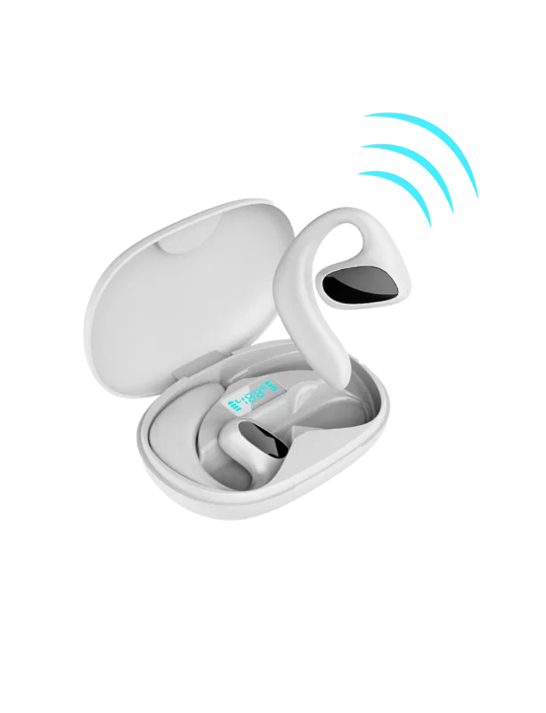 Witte Qinux Talkbuds vertaal oortjes in de geopende oplaadcase